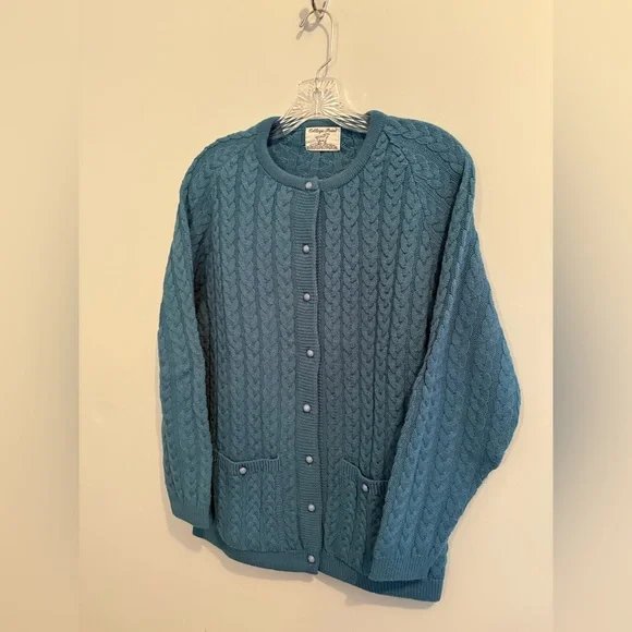 Vintage College Point Medium Cardigan Blue Crewneck Cable Knit Acrylic Classic - Picture 4 of 12